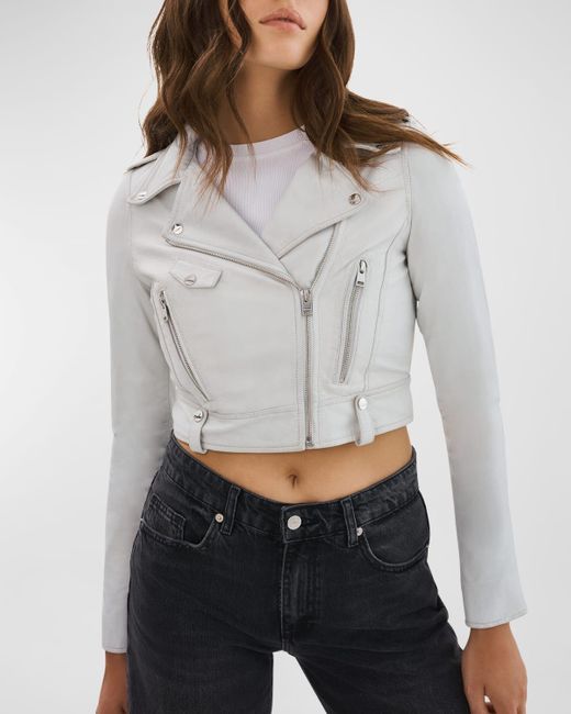 Lamarque Gray Ciara Leather Cropped Biker Jacket