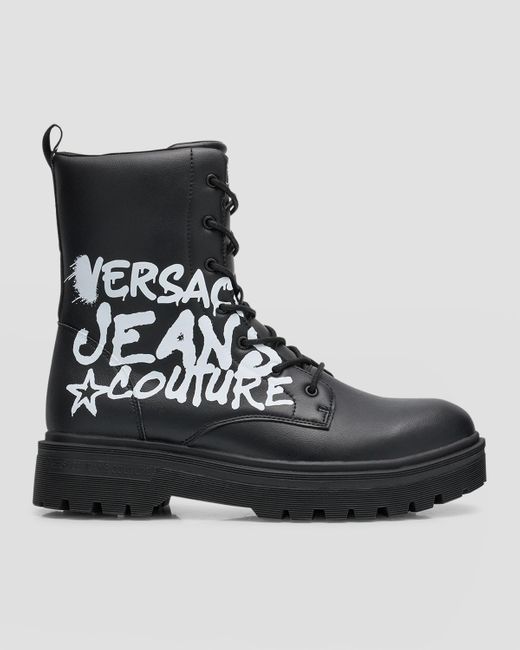 Versace Black Syrius Graffiti Logo Leather Combat Boots for men