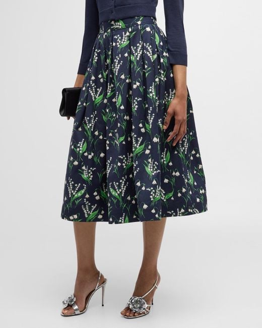 Carolina Herrera Blue Floral-Print Pleated Full Midi Skirt