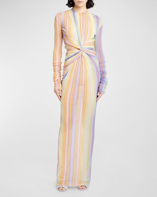 Missoni Natural Check-Print Twisted Cutout Long-Sleeve Maxi Dress