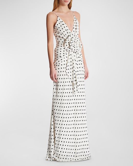 Balmain White Plunging Rose Polka-Dot Sleeveless Gown