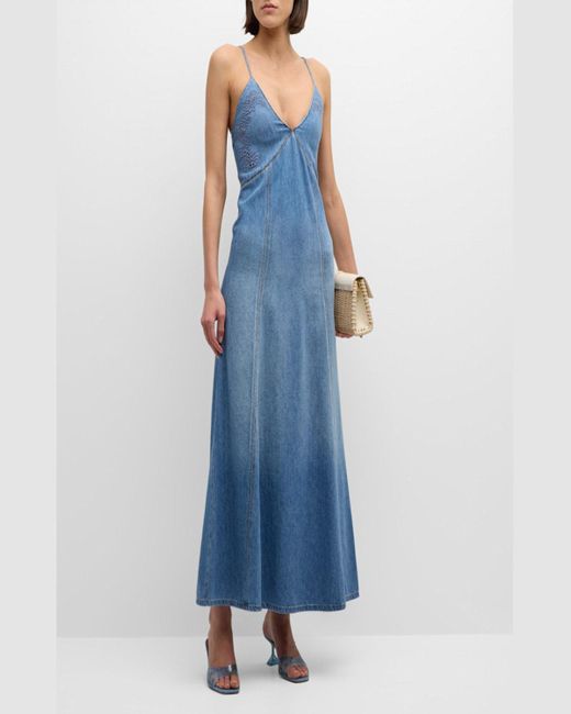Chloé Blue Denim Maxi Dress With Eyelet Embroidery