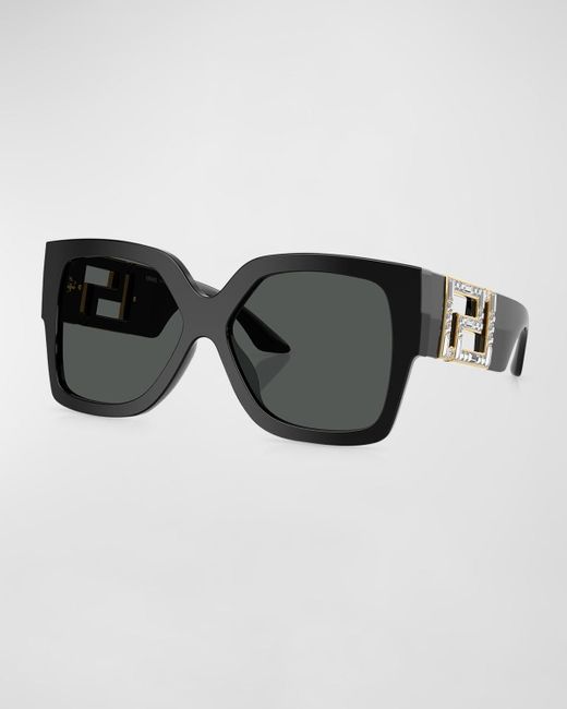 Versace Black Embellished Acetate Rectangle Sunglasses