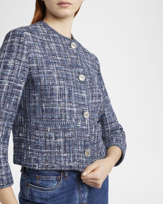Etro Blue Single-Breasted Tweed Crop Jacket