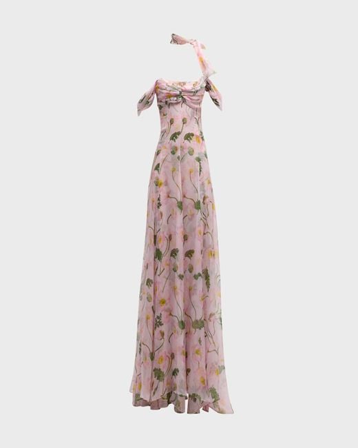 Oscar de la Renta Pink Sweetheart Strapless Painted Poppies-Print Neck-Scarf Gown