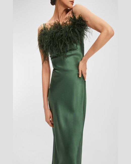 Sleeper Green Boheme Feather-Trim Satin Midi Slip Dress