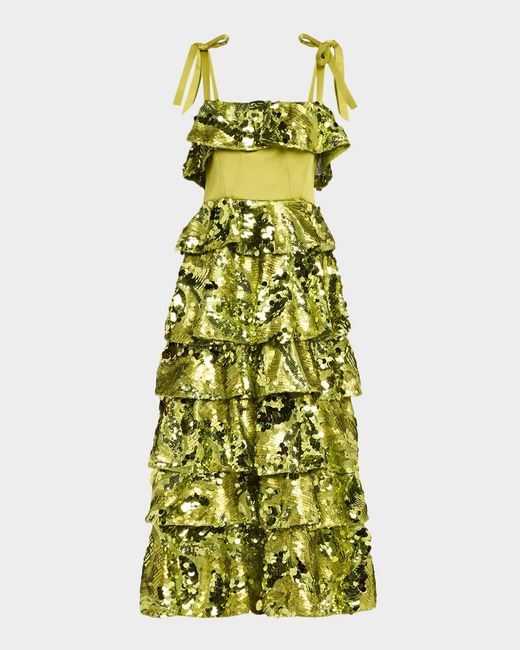 AKNVAS Asta Sequined Ruffle Midi Dress in Green | Lyst
