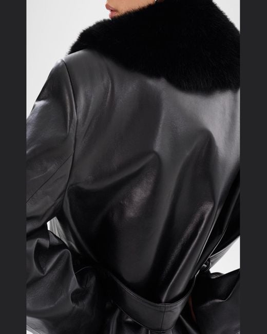 Lamarque Black Sarita Recycled Sheep Leather Maxi Coat With Faux Fur Collar
