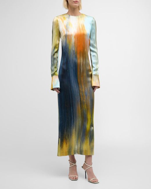 Oscar de la Renta Multicolor Abstract Marocaine-print Long-sleeve Satin Midi Dress