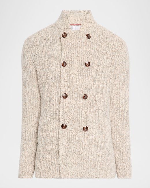 Brunello Cucinelli Natural Wool, Silk, And Cashmere Double-Breasted Cardigan for men