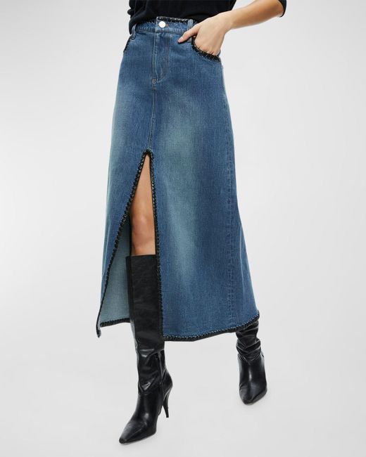 Alice + Olivia Blue Rye Denim Maxi Skirt With Vegan Leather Trim