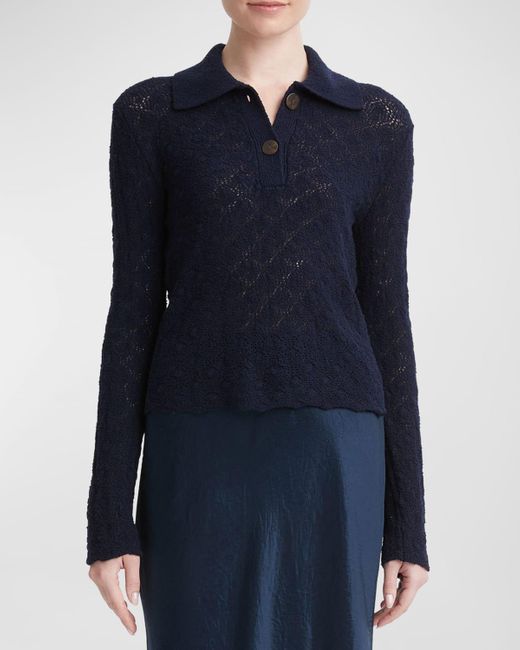Vince Blue Lace Stitch Wool Long-Sleeve Polo Top