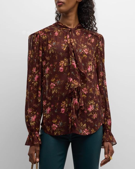 PAIGE Brown Clemency Crinkled Long Sleeve Floral Blouse
