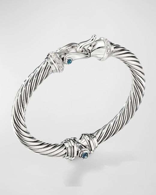 David Yurman Metallic 7mm Cable Buckle Bracelet W/ Diamonds & Topaz