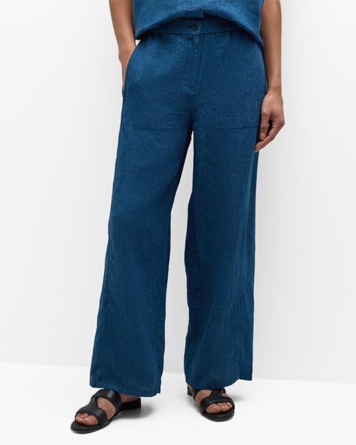 Eileen Fisher Blue Petite Cropped Straight-Leg Organic Linen Pants