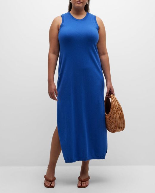 Minnie Rose Plus Blue Plus Size Frayed-edge Cotton-cashmere Dress
