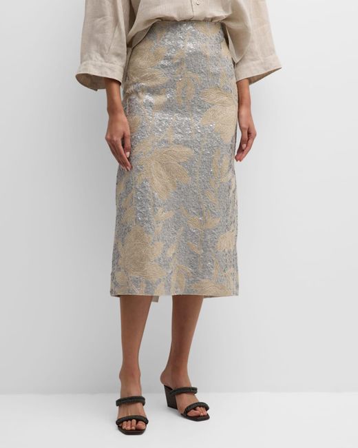 Brunello Cucinelli Gray Linen Midi Skirt With Paillette Magnolia Embroidery
