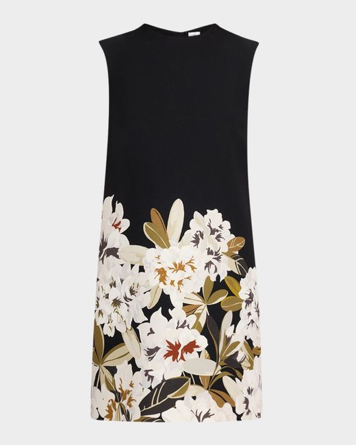 Adam Lippes Black Ani Floral-Print Silk Wool Short-Sleeve Midi Dress