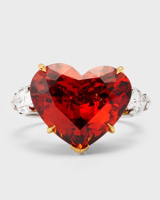 Fine Emeralds Red 18k Yellow Gold And Platinum Garnet Heart Ring With Pear Shaped Diamonds, Size 6