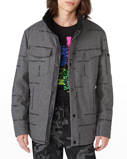 Karl Lagerfeld Gray Sherpa-Lined Logo Shirt Jacket for men