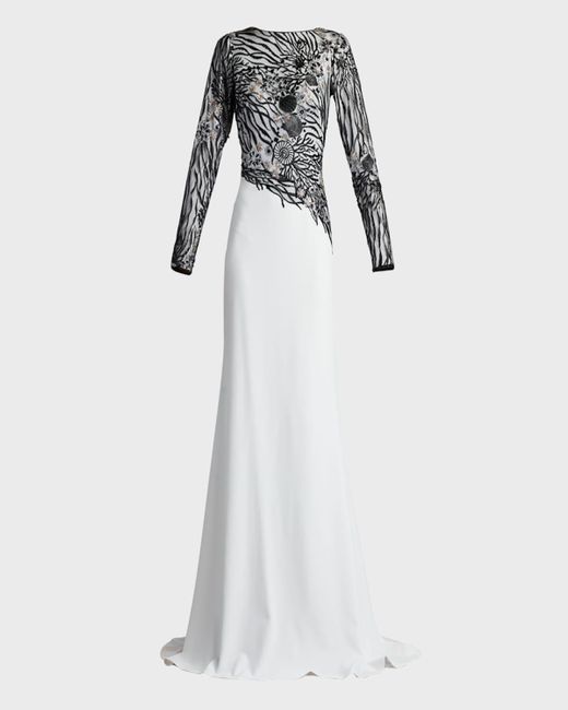 Tadashi Shoji White A-Line Sequin Lace & Crepe Gown