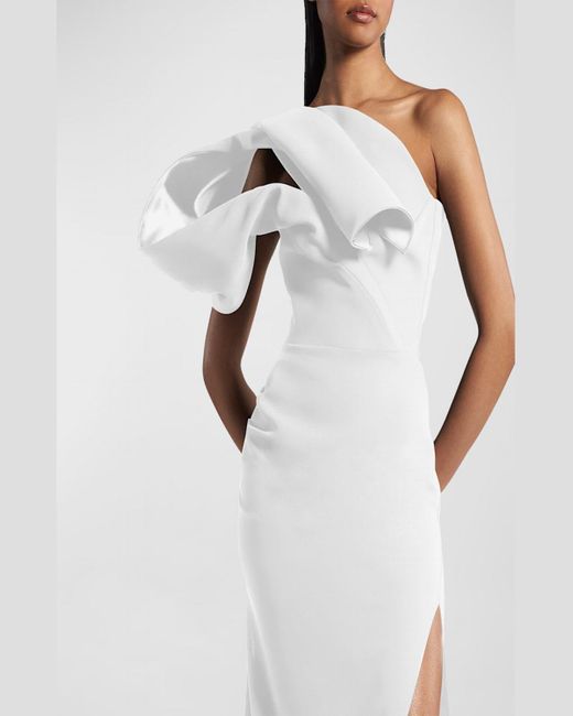 Maticevski White Darkness Structured Drape One-Shoulder Slit-Hem Gown