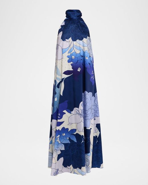 Emanuel Ungaro Blue Sky Rhinestone Floral-Print Halter Maxi Dress