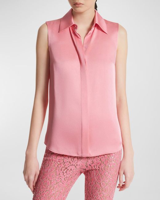 Michael Kors Pink Hansen Sleeveless Satin Collared Shirt