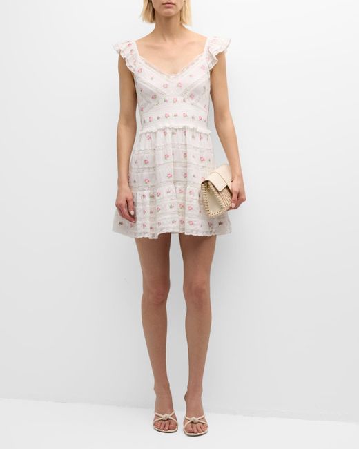 LoveShackFancy White Finny Embroidered Lace Flutter-Sleeve Mini Dress