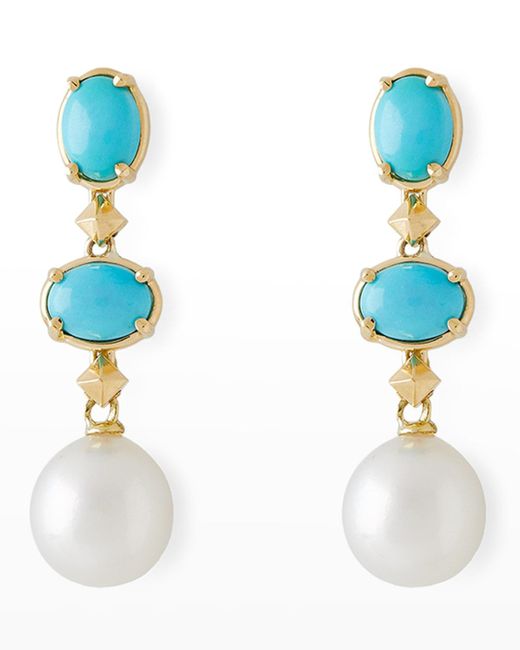 Pearls By Shari Blue 18k Yellow Gold Oval Turquoise, 11mm South Sea Pearl And Small Cube Drop Earrings