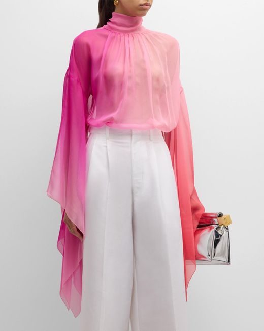 Roberto Cavalli Pink Mock-Neck Bell-Sleeve Ombre Silk Shirt