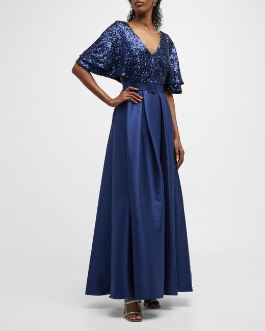 Badgley Mischka Blue Flutter-Sleeve Pleated Sequin Gown