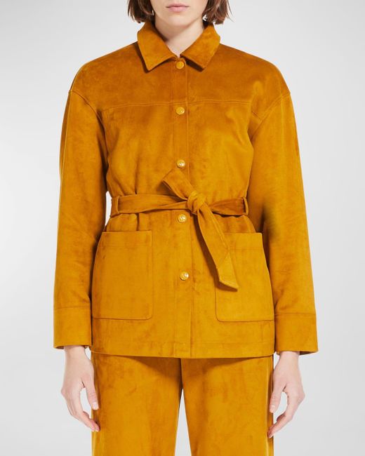 Max Mara Belted Snap-front Faux Suede Jacket in Yellow | Lyst