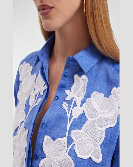 Anne Fontaine Blue Citron Floral Applique Button-Down Shirt