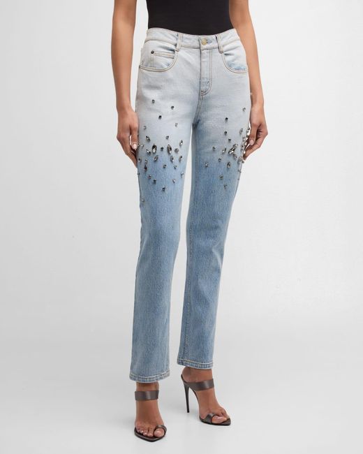 Hellessy Blue Creed Crystal-Embroidered Slim-Leg Jeans