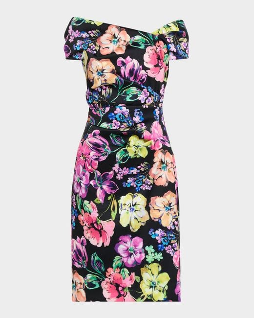 Teri Jon White Pleated Floral-Print Stretch Gazar Dress