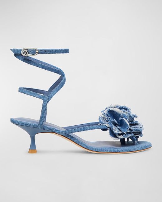 Stuart Weitzman Blue Belize Denim Flower Ankle-Strap Sandals