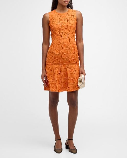 Akris Punto Orange Sunflower Embroidered Sleeveless A-Line Dress