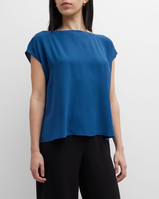 Eileen Fisher Boxy Bateau-neck Georgette Crepe Top in Blue | Lyst