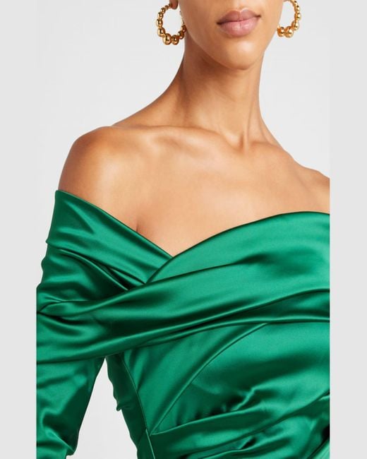 Talbot Runhof Draped Off-The-Shoulder Stretch Satin Duchesse Gown in Green  | Lyst