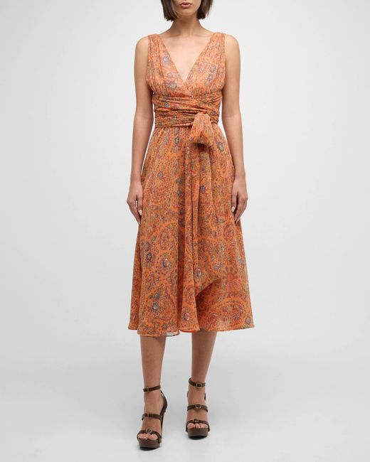 Etro Orange Floral Paisley-print Metallic Midi Wrap Dress