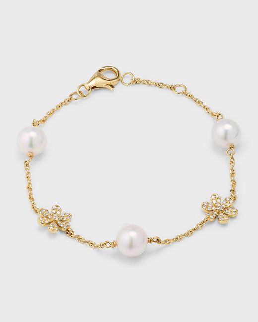 Pearls By Shari Natural 18k Yellow Gold Akoya Pearl And Diamond Daisy Bracelet, 7"l