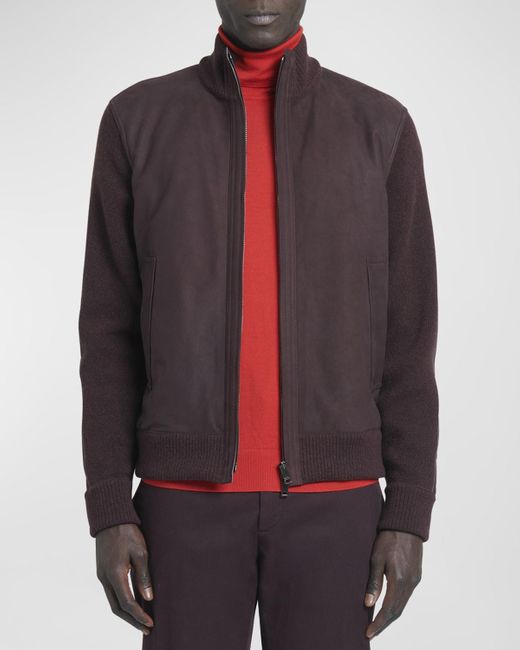 Zegna Multicolor Nubuck Leather Knit Blouson Jacket for men