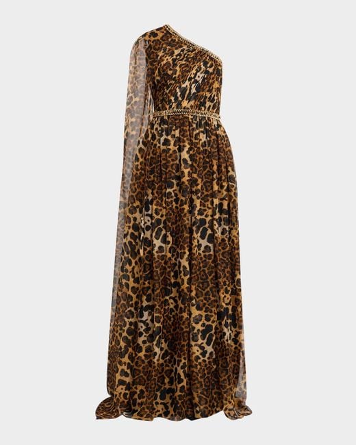 Pamella Roland Brown Leopard Chiffon Cape-Sleeve One-Shoulder Gown With Embroidered Belt