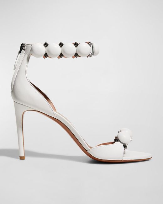 Alaïa White La Bombe Stud Ankle-Wrap Stiletto Sandals