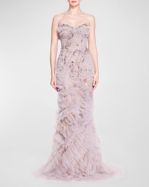 Marchesa Pink Beaded Tulle Ruffle Strapless Mermaid Gown