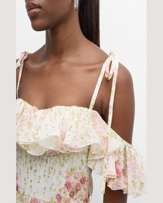Giambattista Valli Natural Floral-Print Ruffle Off-The-Shoulder Silk Georgette Gown