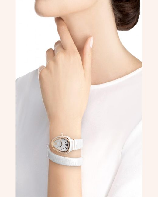 BVLGARI White Serpenti Spiga 35mm 18k Rose Gold &ceramic Diamond Watch, Size Small
