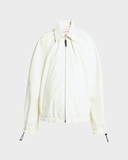 Marni White Gathered Collar Leather Zip Jacket