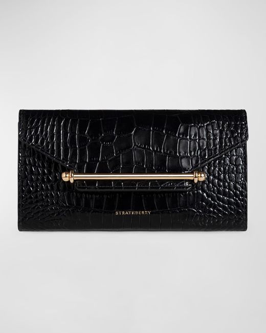 Strathberry Black Multrees Croc-embossed Wallet On Chain